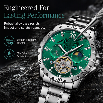 Men's Automatic Mechanical Watch Luminous Water Resistant Business Skeleton Flywheel Wristwatch with Stainless Steel Strap