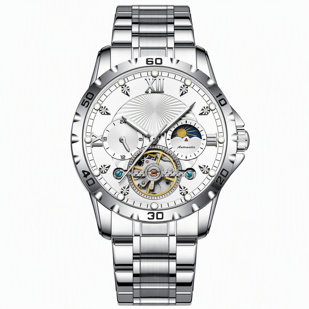 Men's Automatic Mechanical Watch Luminous Water Resistant Business Skeleton Flywheel Wristwatch with Stainless Steel Strap