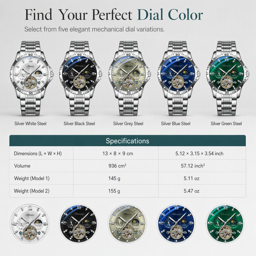 Men's Automatic Mechanical Watch Luminous Water Resistant Business Skeleton Flywheel Wristwatch with Stainless Steel Strap