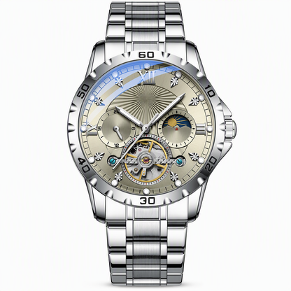 Men's Automatic Mechanical Watch Luminous Water Resistant Business Skeleton Flywheel Wristwatch with Stainless Steel Strap