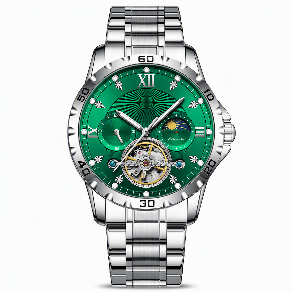 Men's Automatic Mechanical Watch Luminous Water Resistant Business Skeleton Flywheel Wristwatch with Stainless Steel Strap