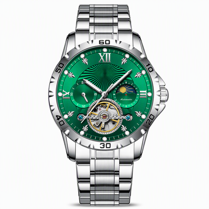 Men's Automatic Mechanical Watch Luminous Water Resistant Business Skeleton Flywheel Wristwatch with Stainless Steel Strap