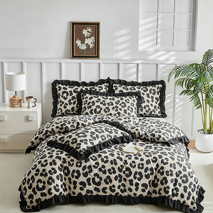 Leopard Print Ruffled Duvet Cover Set
