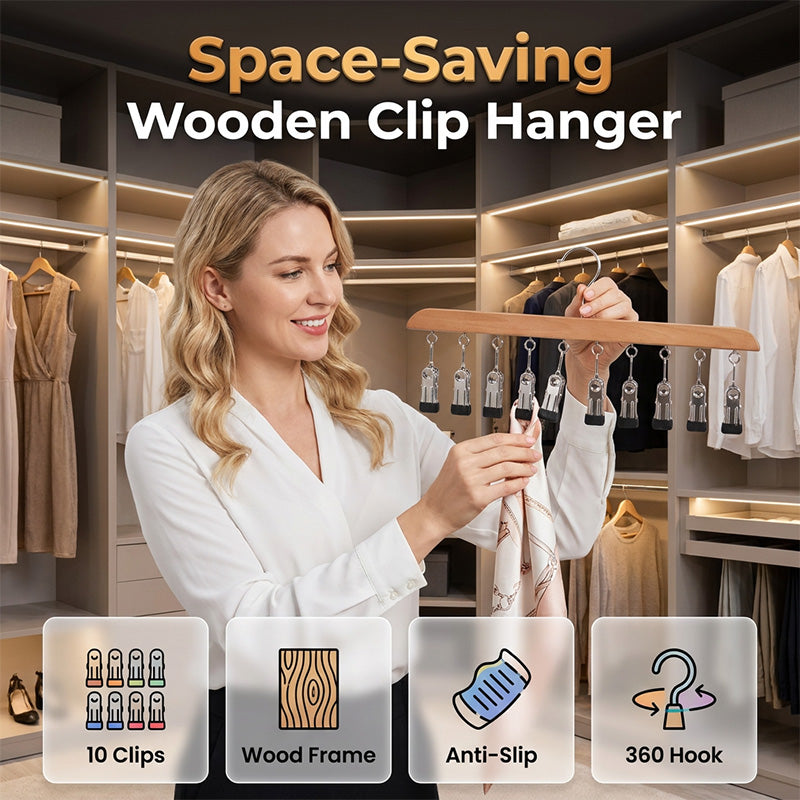 Multi-Clip Wooden Hanger for Closet Organization