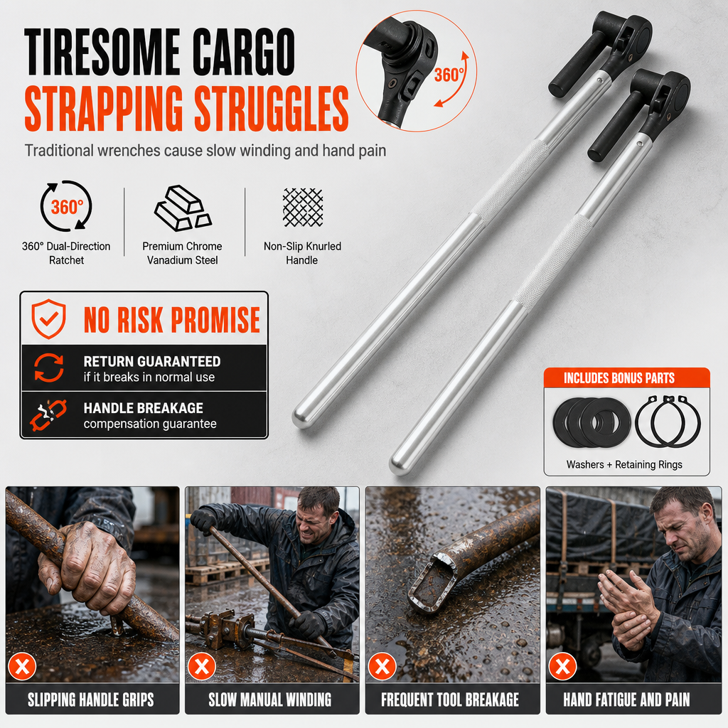 🔧 Truck Rope Tightener Ratchet Wrench – 360° Rotation & Labor-Saving Design 🚚✨