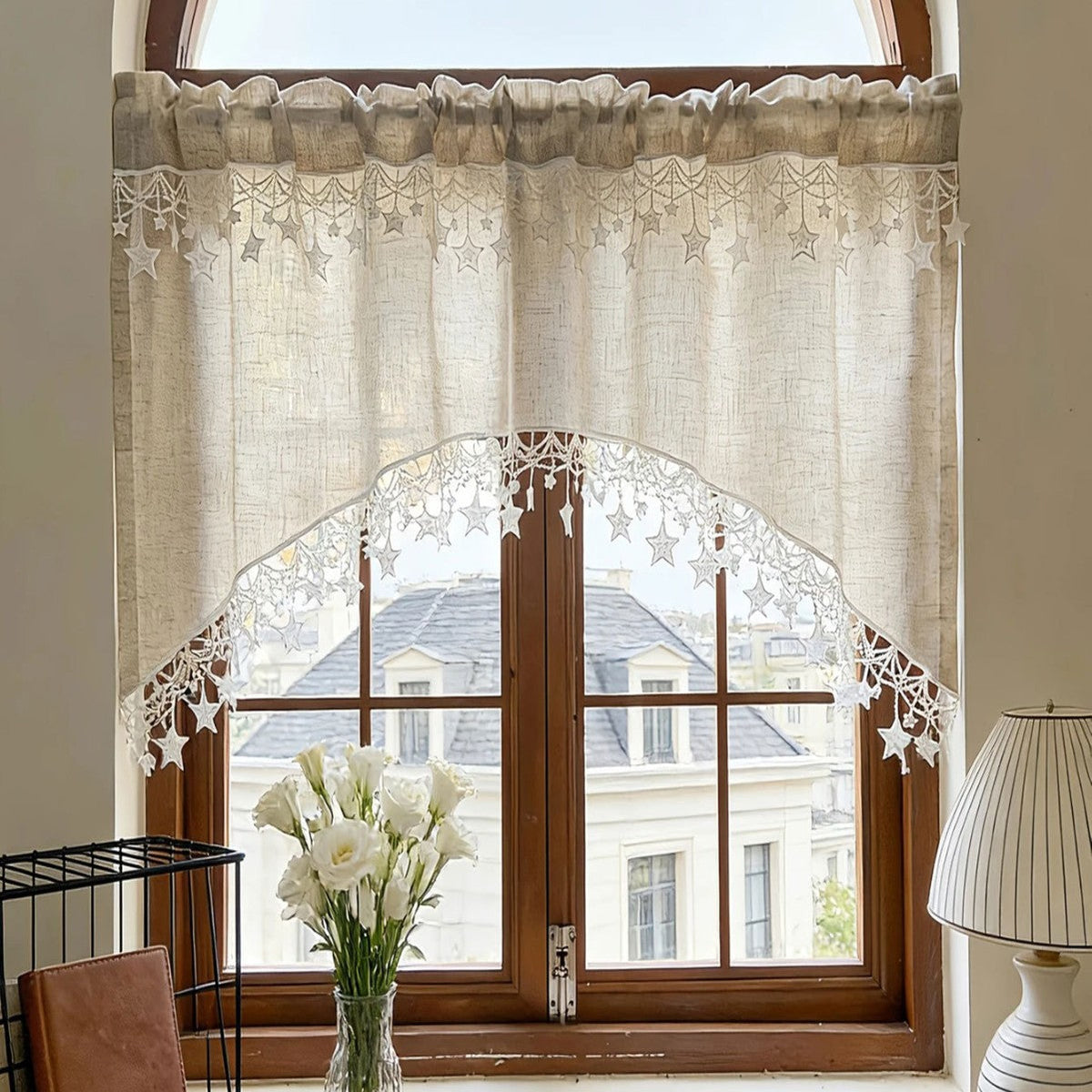 ⏰Versatile Country Style Curtain with Star Lace Trim⭐️