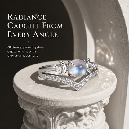 💍Vintage Gothic Crescent Moon Moonstone Ring with Platinum Plated V Shaped Prong Setting