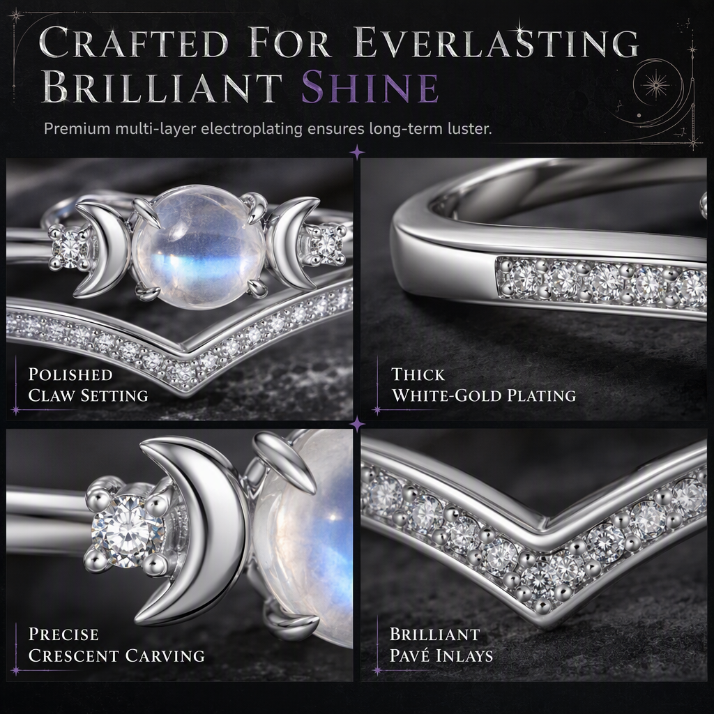 💍Vintage Gothic Crescent Moon Moonstone Ring with Platinum Plated V Shaped Prong Setting
