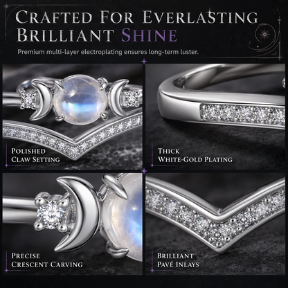 💍Vintage Gothic Crescent Moon Moonstone Ring with Platinum Plated V Shaped Prong Setting