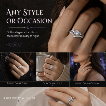 💍Vintage Gothic Crescent Moon Moonstone Ring with Platinum Plated V Shaped Prong Setting