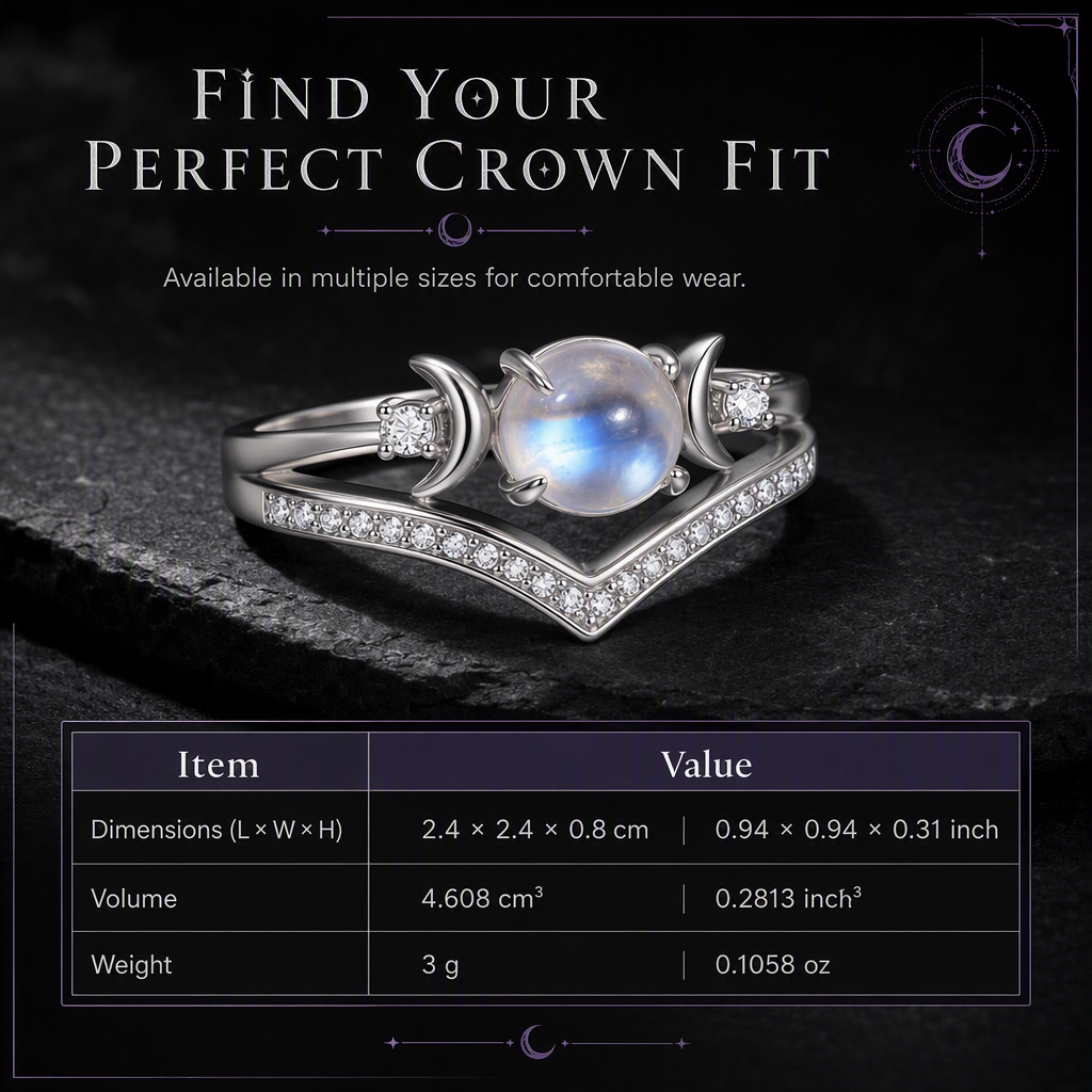 💍Vintage Gothic Crescent Moon Moonstone Ring with Platinum Plated V Shaped Prong Setting