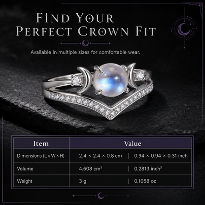 💍Vintage Gothic Crescent Moon Moonstone Ring with Platinum Plated V Shaped Prong Setting