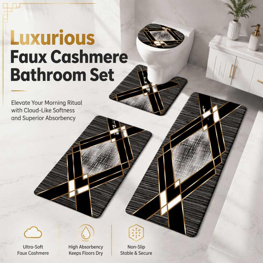 ⏳Time-Limited Special⏰4 Piece Faux Cashmere Absorbent Bathroom Rug Set with Rectangular Mat U Shaped Toilet Mat Toilet Lid Cover and Long Runner Rug 🧽