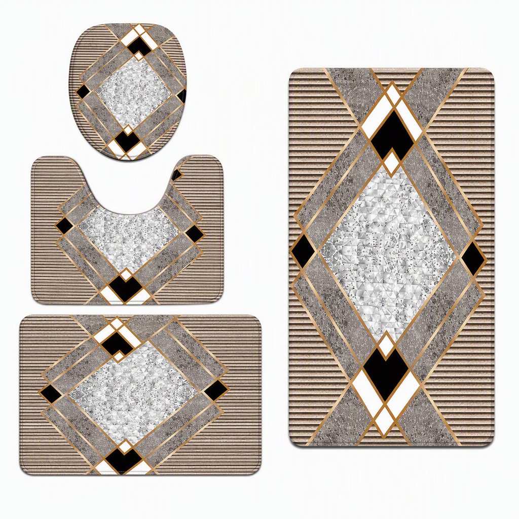 ⏳Time-Limited Special⏰4 Piece Faux Cashmere Absorbent Bathroom Rug Set with Rectangular Mat U Shaped Toilet Mat Toilet Lid Cover and Long Runner Rug 🧽