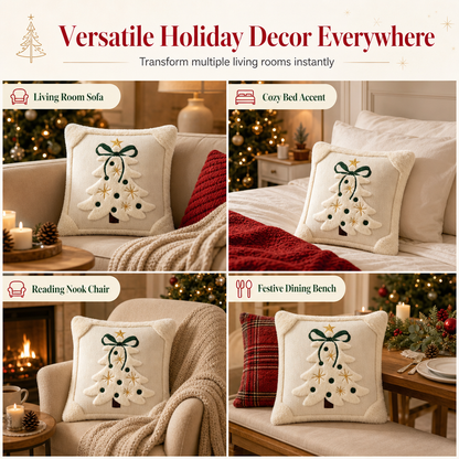 ⏳🔥LIMITED-TIME 50% OFF! ⏰Embroidered Christmas Tree Throw Pillow Cover with Bow (45x45cm) | Decorative Cushion Cover for Living Room Sofa🎄🧸