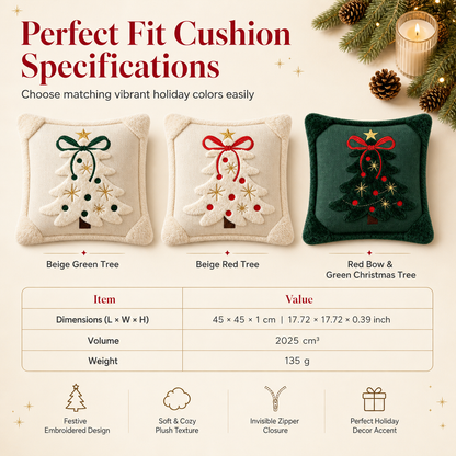 ⏳🔥LIMITED-TIME 50% OFF! ⏰Embroidered Christmas Tree Throw Pillow Cover with Bow (45x45cm) | Decorative Cushion Cover for Living Room Sofa🎄🧸
