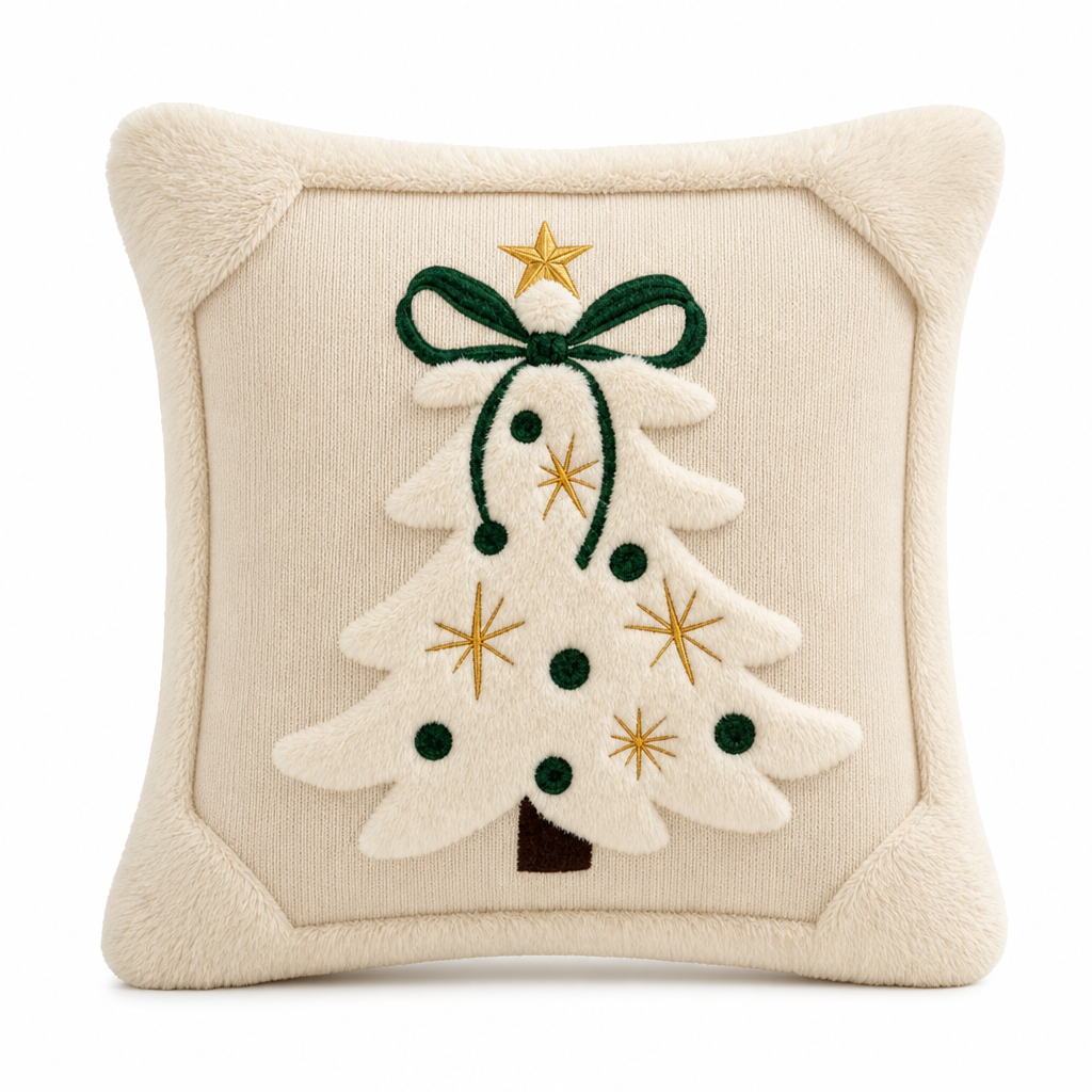 ⏳🔥LIMITED-TIME 50% OFF! ⏰Embroidered Christmas Tree Throw Pillow Cover with Bow (45x45cm) | Decorative Cushion Cover for Living Room Sofa🎄🧸