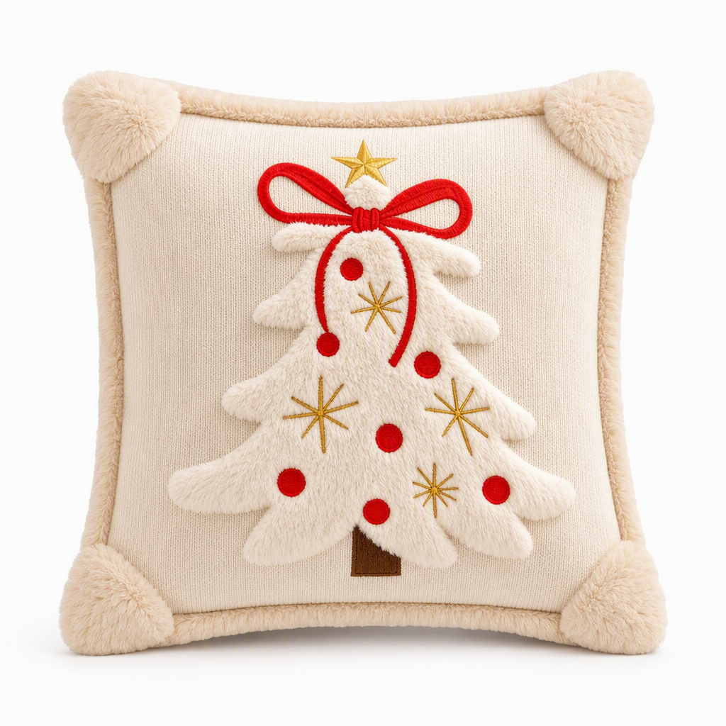 ⏳🔥LIMITED-TIME 50% OFF! ⏰Embroidered Christmas Tree Throw Pillow Cover with Bow (45x45cm) | Decorative Cushion Cover for Living Room Sofa🎄🧸