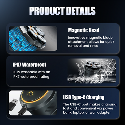 🪒6-Blade Head Shaver✨6D floating contour, IPX7 waterproof, magnetic head – smooth, close shave every time. 💪