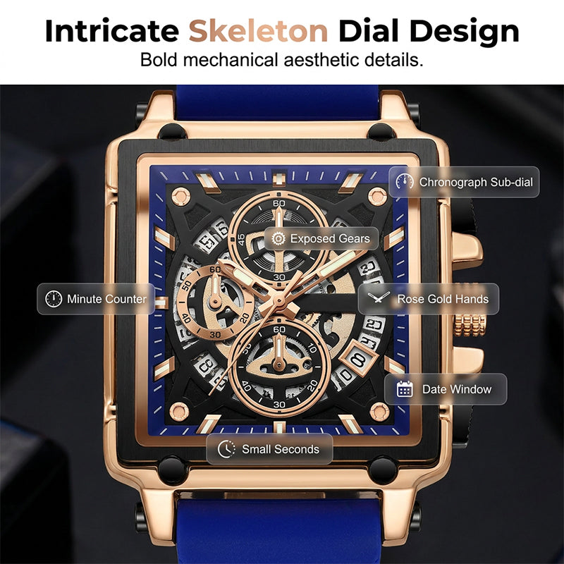 Men's Square Face Watch with Hollow-Out Dial