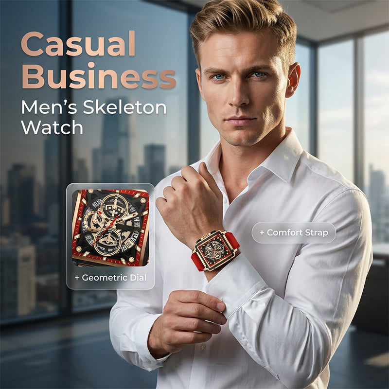 Men's Square Face Watch with Hollow-Out Dial