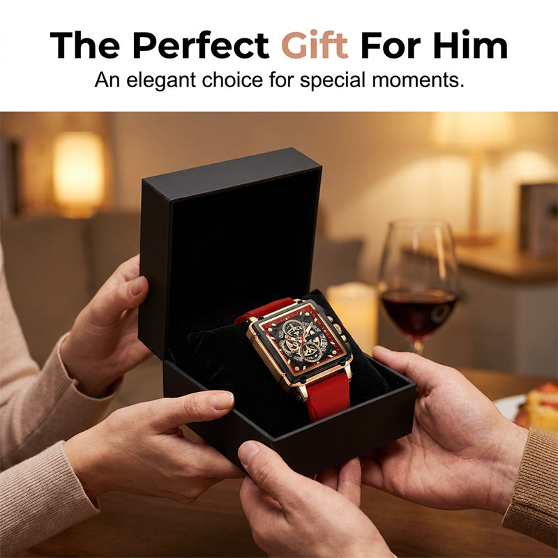 Men's Square Face Watch with Hollow-Out Dial