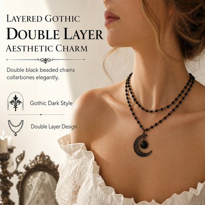 📢📢50% OFF !! ⏰Gothic Dark Crystal Beaded Chain Necklace with Hollow Out Moon Alloy Pendant