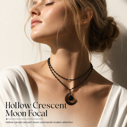 📢📢50% OFF !! ⏰Gothic Dark Crystal Beaded Chain Necklace with Hollow Out Moon Alloy Pendant