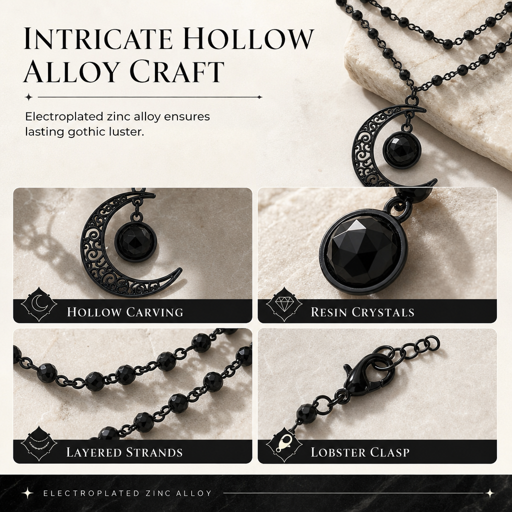 📢📢50% OFF !! ⏰Gothic Dark Crystal Beaded Chain Necklace with Hollow Out Moon Alloy Pendant