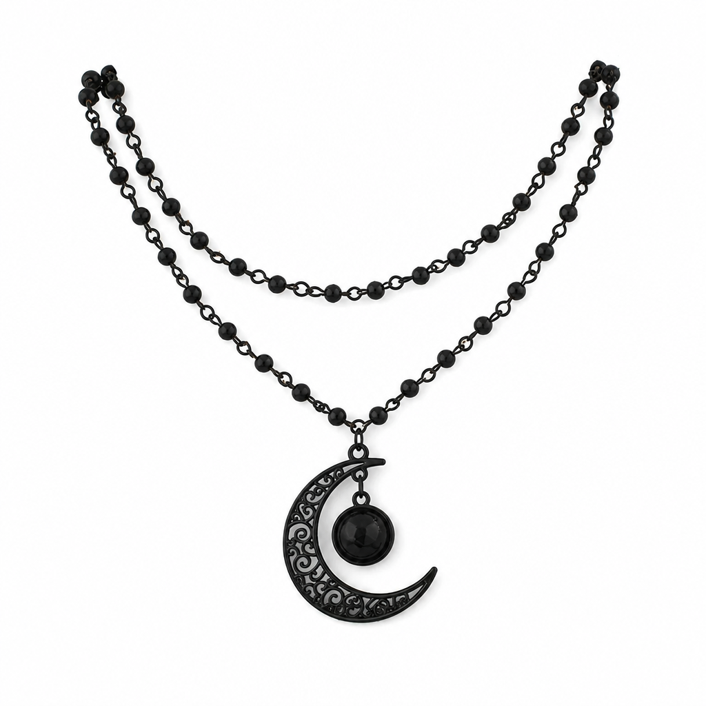 📢📢50% OFF !! ⏰Gothic Dark Crystal Beaded Chain Necklace with Hollow Out Moon Alloy Pendant