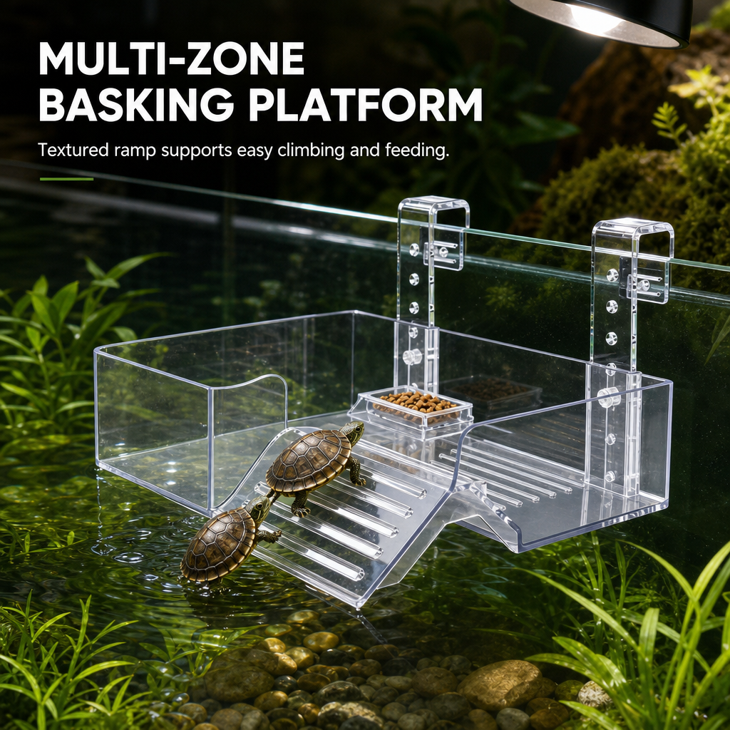 ☀️ 50% OFF! ✨ Hanging Turtle Basking Platform – Clear Acrylic Non-Slip Ramp, Built-In Feeding Trough & Adjustable Mount – Multi-Zone Resting Deck for Healthy Shell Growth 🐢