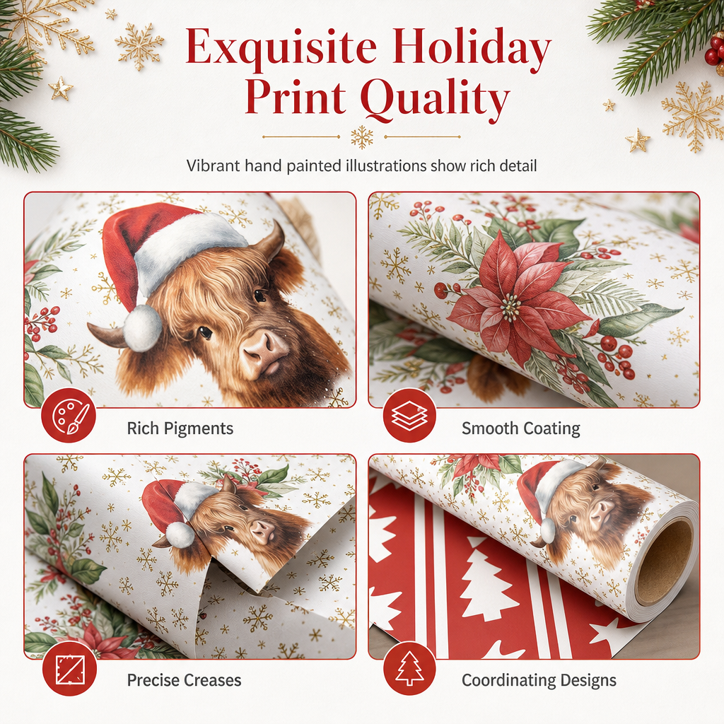 ⏳Holiday Offers🎄Christmas Highland Cow & Floral Gift Wrapping Paper Roll – 43x500cm Holiday Present Wrap for Christmas Gifts, Parties & Crafting ✨