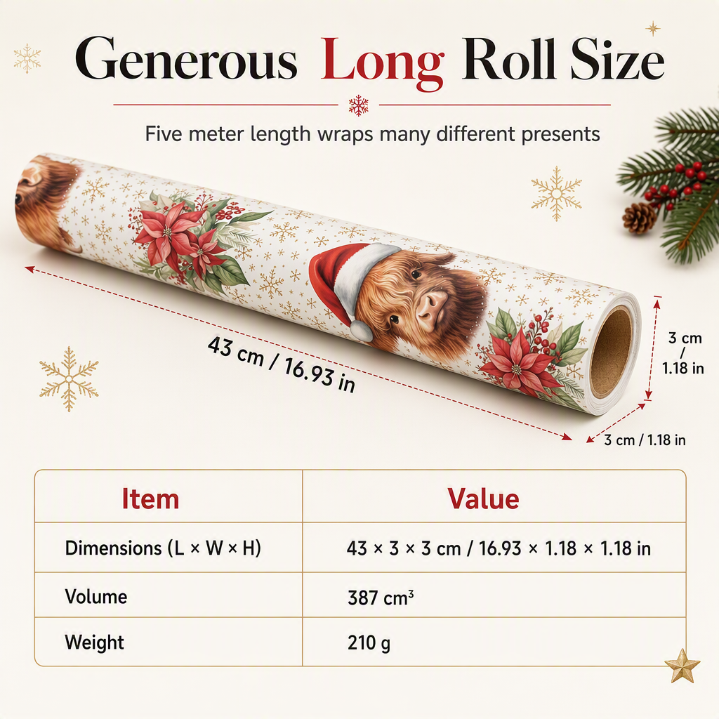 ⏳Holiday Offers🎄Christmas Highland Cow & Floral Gift Wrapping Paper Roll – 43x500cm Holiday Present Wrap for Christmas Gifts, Parties & Crafting ✨
