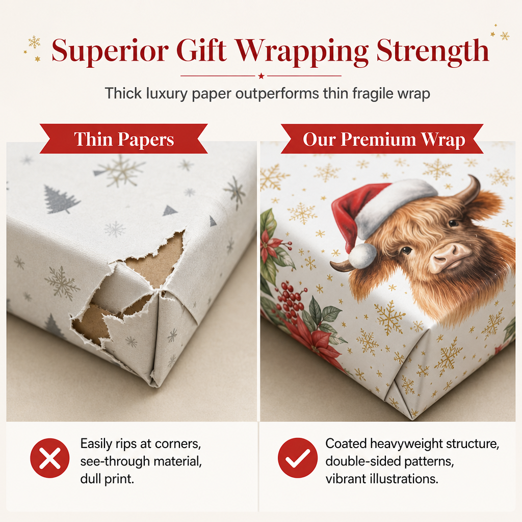 ⏳Holiday Offers🎄Christmas Highland Cow & Floral Gift Wrapping Paper Roll – 43x500cm Holiday Present Wrap for Christmas Gifts, Parties & Crafting ✨