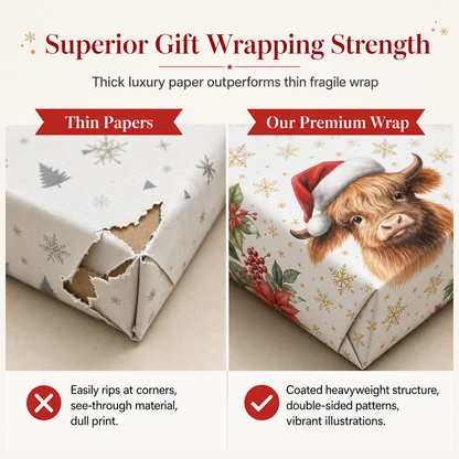 ⏳Holiday Offers🎄Christmas Highland Cow & Floral Gift Wrapping Paper Roll – 43x500cm Holiday Present Wrap for Christmas Gifts, Parties & Crafting ✨