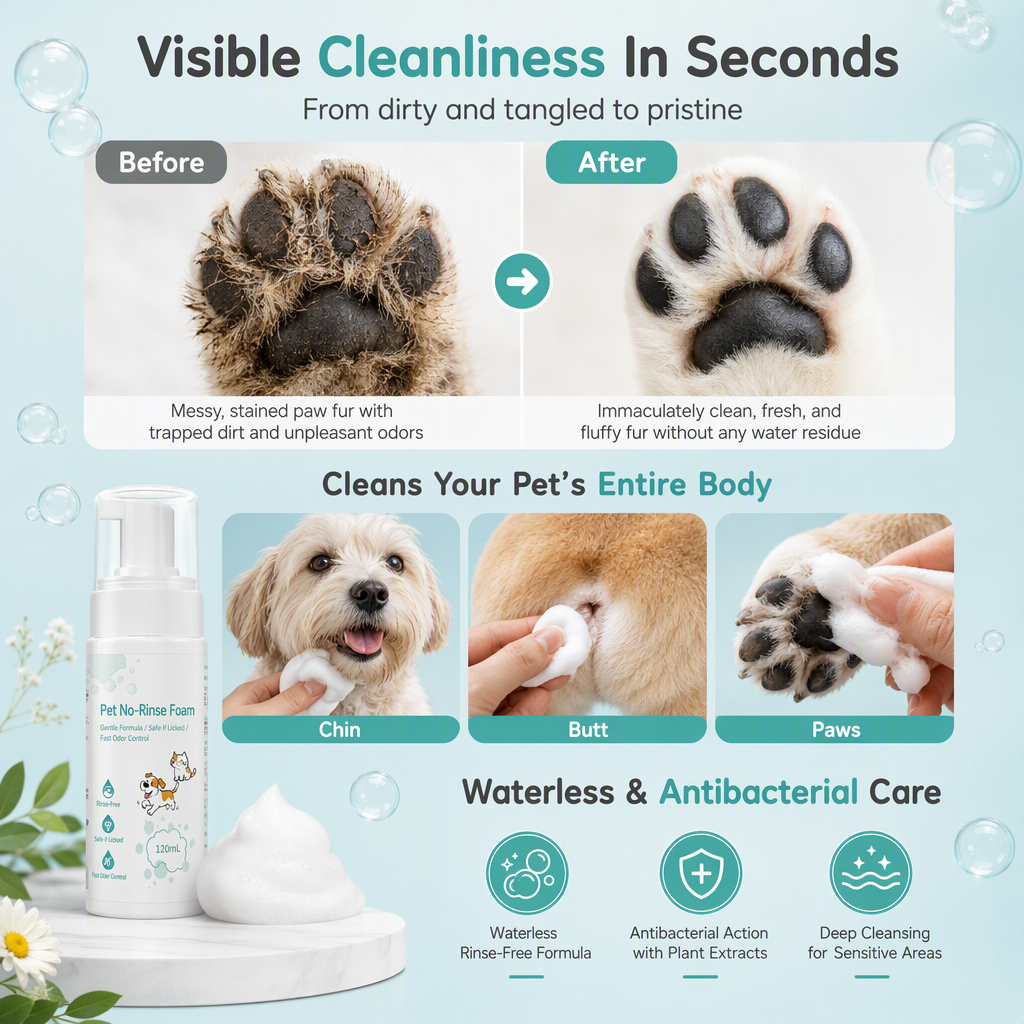 🐾 50% OFF! ✨ No-Rinse Pet Cleansing Foam – Gentle Waterless Mousse, Botanical-Extract Formula & Targeted Cleaning for Paws, Chins & Fur – Quick Freshening Between Baths, Travel & Winter 🌿