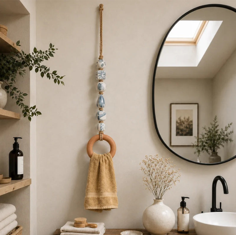 Decorative Beaded Towel Hanger with Wooden Ring