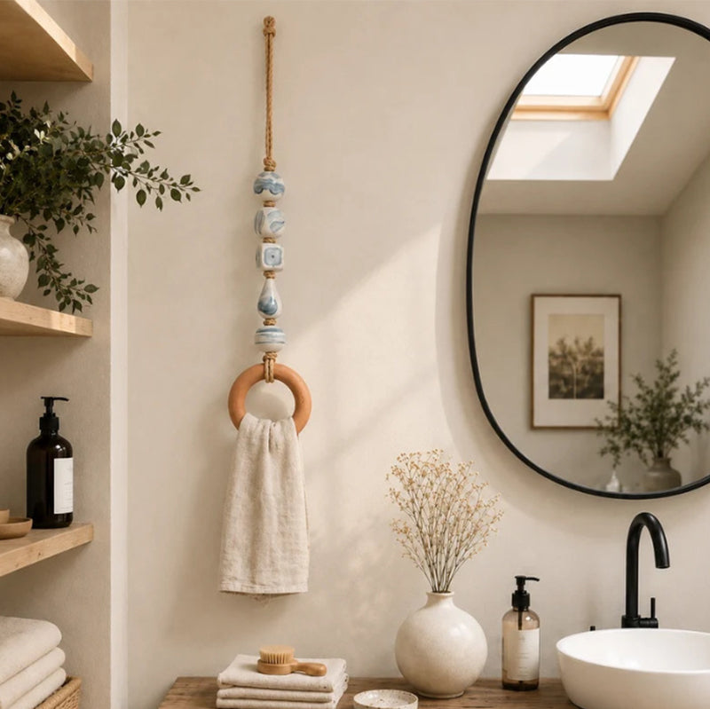 Decorative Beaded Towel Hanger with Wooden Ring