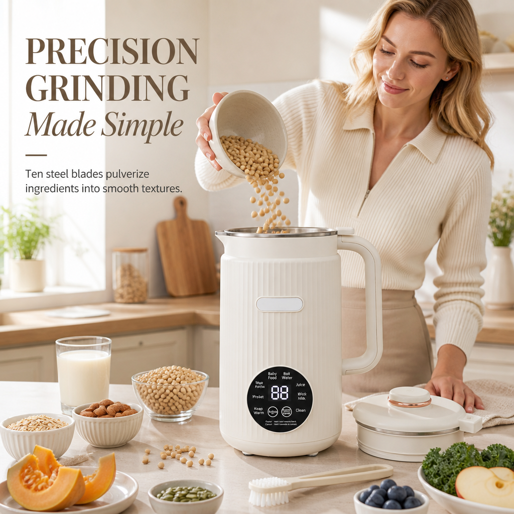 Household Automatic Soy Milk Maker and High- Blender 1500ml Capacity Filter-Free Multi-Functional Food Processor with 10 Blades and 304 Stainless Steel Inner Liner