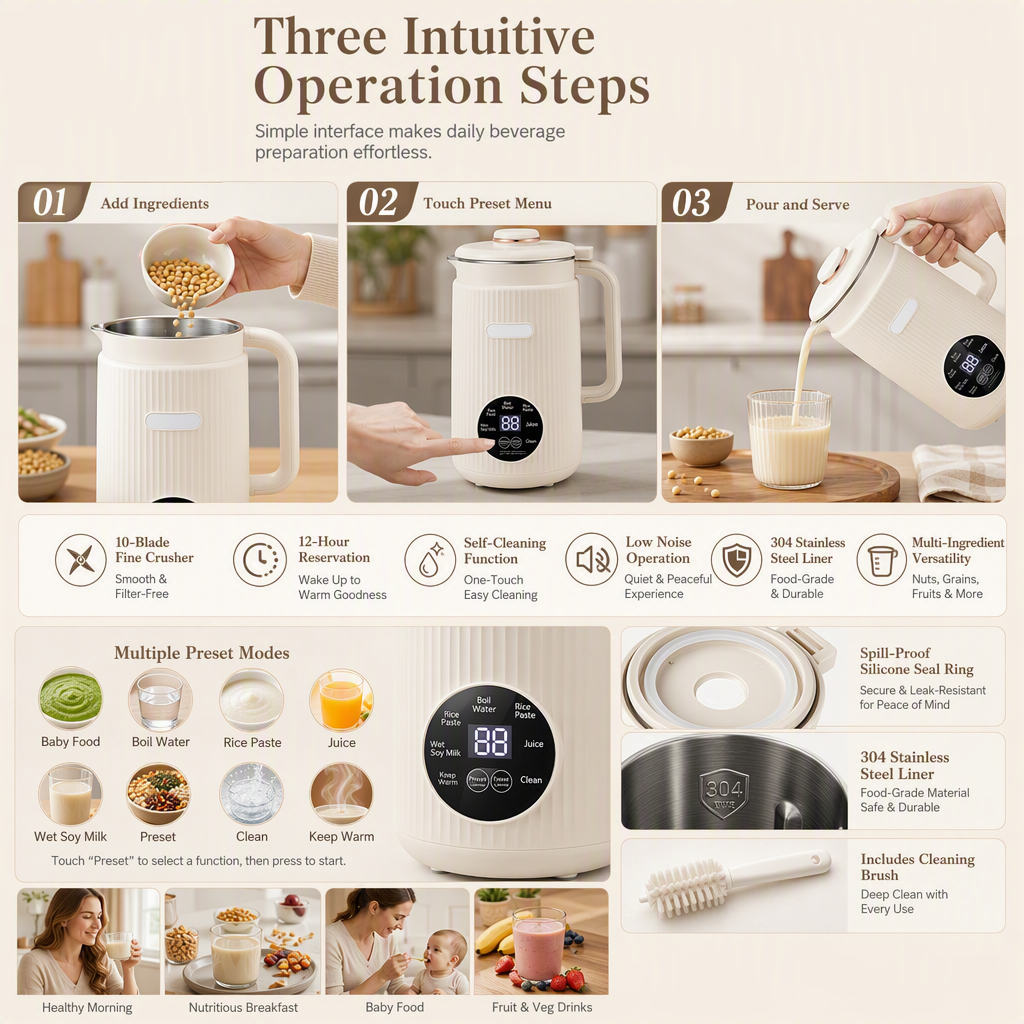 Household Automatic Soy Milk Maker and High- Blender 1500ml Capacity Filter-Free Multi-Functional Food Processor with 10 Blades and 304 Stainless Steel Inner Liner