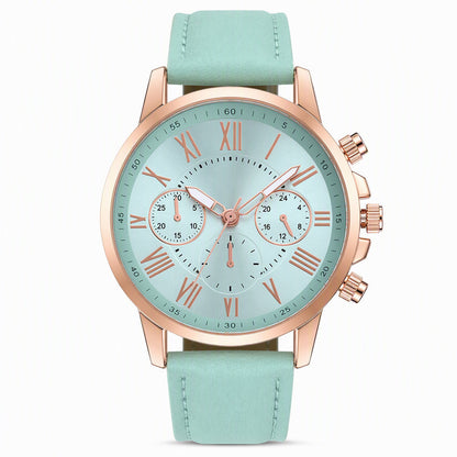 Simple Women's Quartz Watch with Leather Strap and Three-Eye Dial