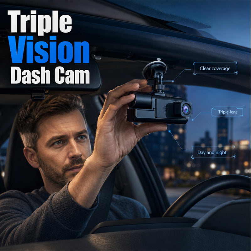 🚗 Triple Camera Dash Cam: 1080P Full HD, Front/Interior/Rear, Night Vision, G-Sensor, Parking Mode