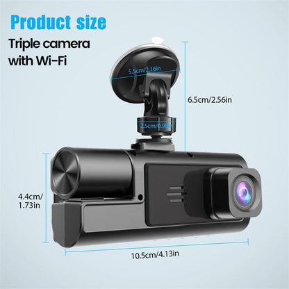🚗 Triple Camera Dash Cam: 1080P Full HD, Front/Interior/Rear, Night Vision, G-Sensor, Parking Mode
