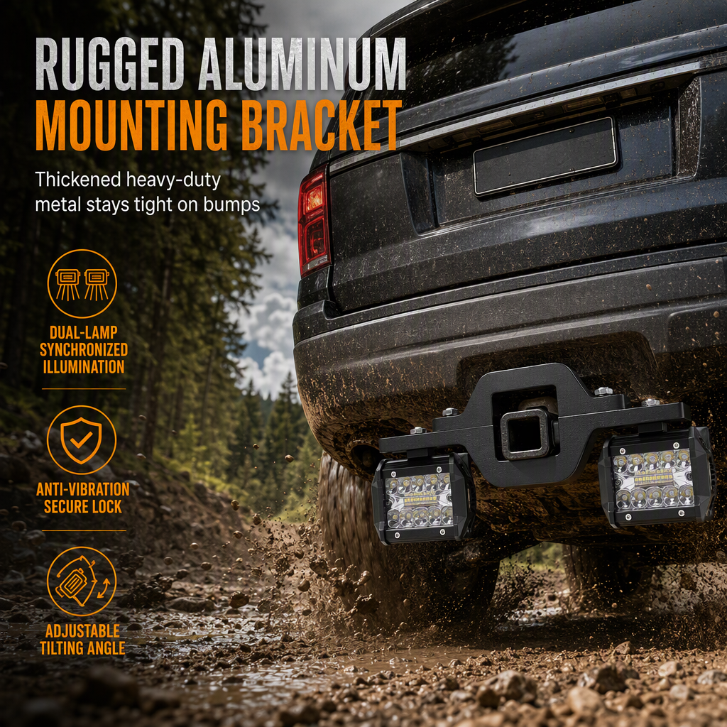 Trailer Tow Hitch Mounting Bracket for Dual LED Pods Work Lights and Backup Reverse Lights on Pickup Trucks and SUVs
