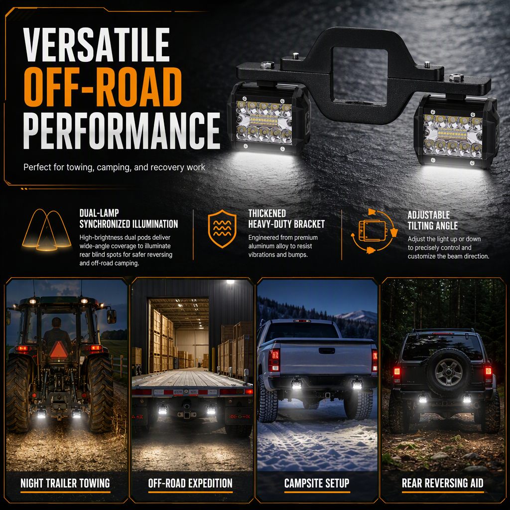 Trailer Tow Hitch Mounting Bracket for Dual LED Pods Work Lights and Backup Reverse Lights on Pickup Trucks and SUVs
