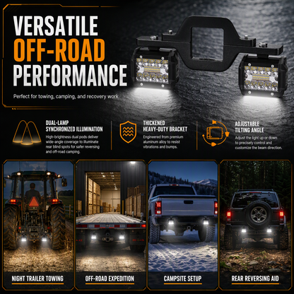 Trailer Tow Hitch Mounting Bracket for Dual LED Pods Work Lights and Backup Reverse Lights on Pickup Trucks and SUVs