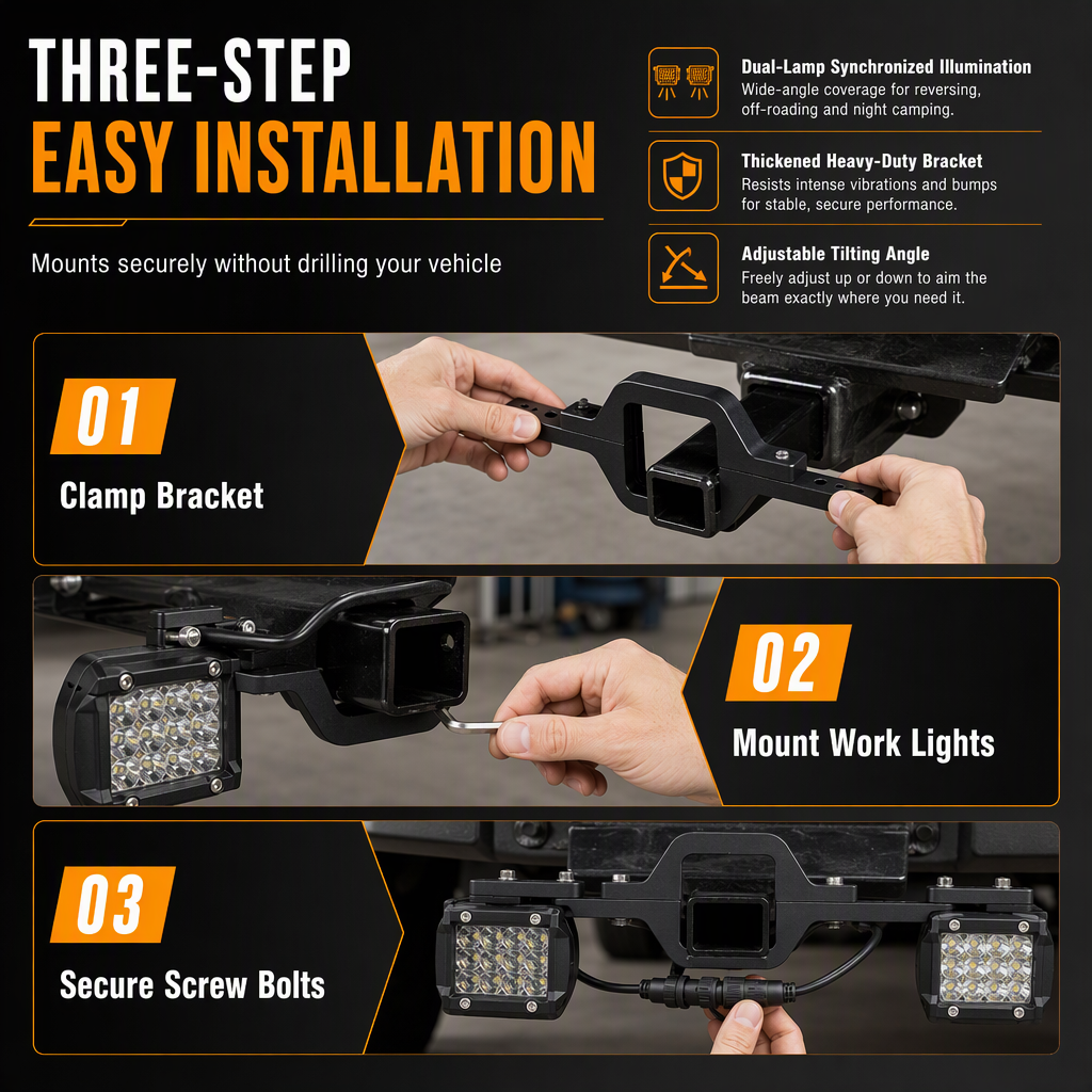 Trailer Tow Hitch Mounting Bracket for Dual LED Pods Work Lights and Backup Reverse Lights on Pickup Trucks and SUVs