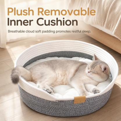 🐱 50% OFF! ✨ Integrated Cat Bed & Scratching Board – Cozy Braided Cotton Walls with Shape Retention, Plush Removable Cushion & Durable Scratch-Resistant Design – Handwoven Stitching with Leather Accents for Indoor Cats 🛏️