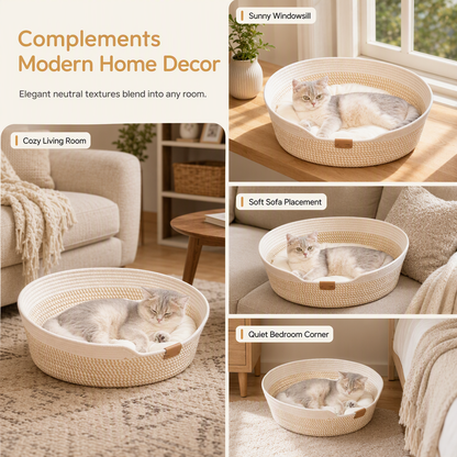 🐱 50% OFF! ✨ Integrated Cat Bed & Scratching Board – Cozy Braided Cotton Walls with Shape Retention, Plush Removable Cushion & Durable Scratch-Resistant Design – Handwoven Stitching with Leather Accents for Indoor Cats 🛏️