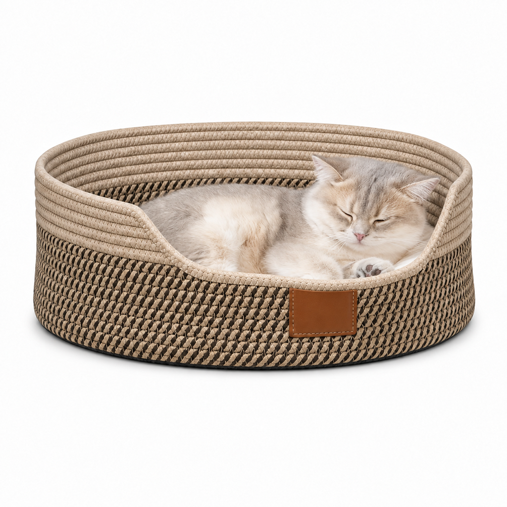🐱 50% OFF! ✨ Integrated Cat Bed & Scratching Board – Cozy Braided Cotton Walls with Shape Retention, Plush Removable Cushion & Durable Scratch-Resistant Design – Handwoven Stitching with Leather Accents for Indoor Cats 🛏️